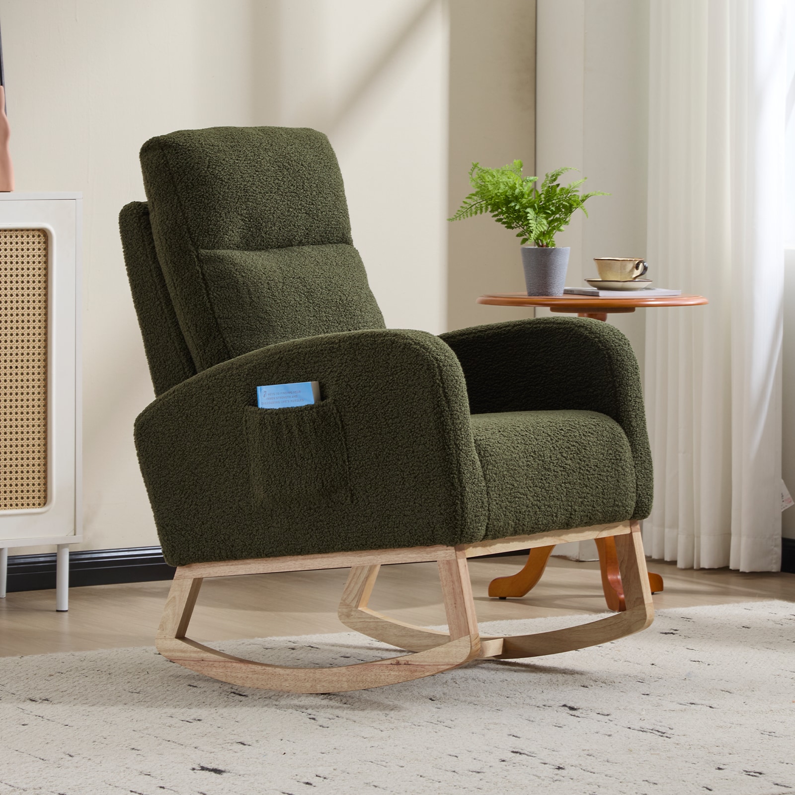 Modern Accent Rocking Chair Rocking Chair With Solid Wood Legs, Upholstered Nursery Glider Rocker, Comfy Armchair With Side Pocket, Living Room Lounge Arm Chair With High Backrest (Dark Green,teddy)_voghion.com